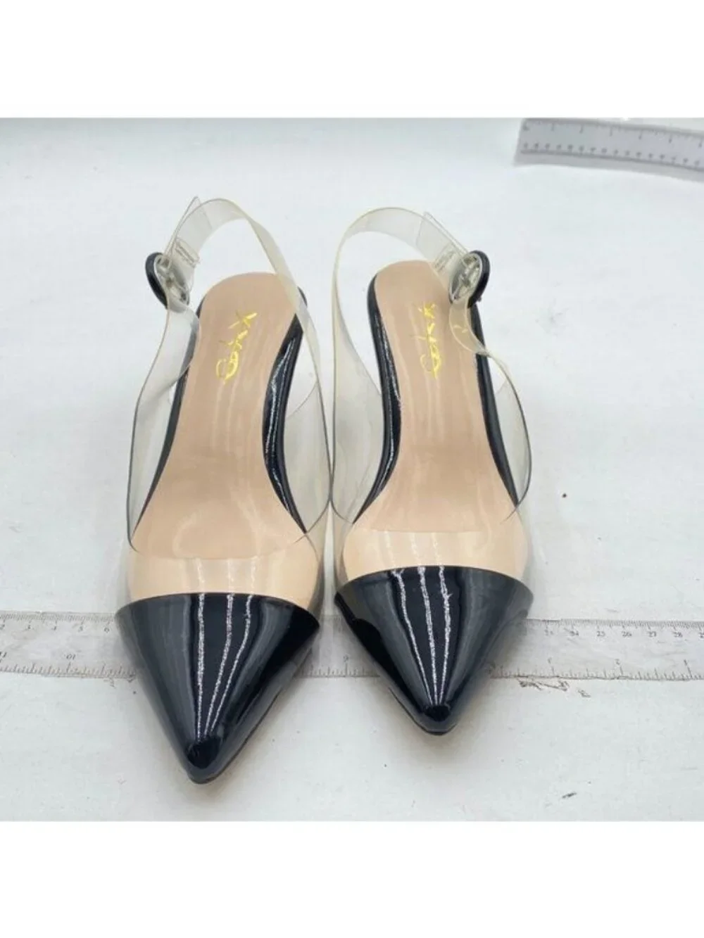 XYD Women Transparent Slingback Clear Low Heels Pumps Pointed Toe PVC Black
